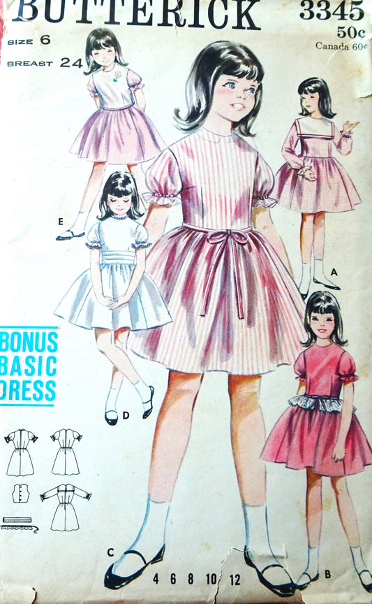 1950s PRETTY Little Girls Dress Pattern BUTTERICK 3345 Sweet Style With Jacket, Peplum and Cummerbund Size 6 Children's Vintage Sewing Pattern