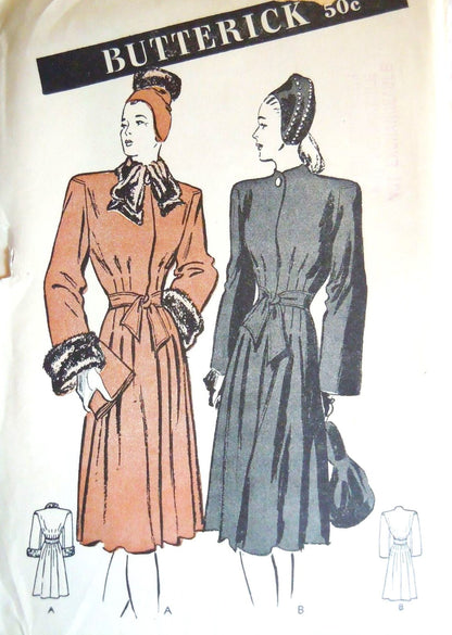 STUNNING 1940s Coat Pattern BUTTERICK 3591 Beautiful Design Details Bust 32 Two Style Versions Vintage Sewing Pattern Factory Folded
