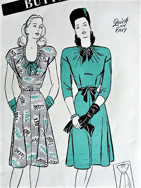 Vintage 1940s LOVELY Drawstring Neckline Dress with Flared Four-Gore Skirt Butterick 3728 Sewing Pattern Bust 32