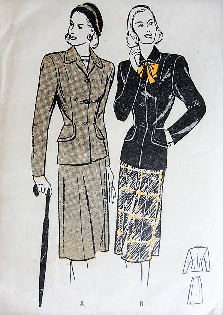 1940s Vintage CHIC Two Piece Suit with Six Gored Skirt Butterick 4011 Sewing Pattern Bust 32