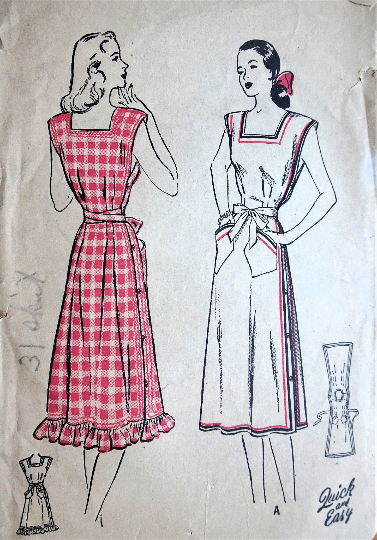 1940s FABULOUS Side Buttoned Apron Dress Pattern Quick and Easy BUTTERICK 4220 Easy To Make Bust 30 Vintage Sewing Pattern