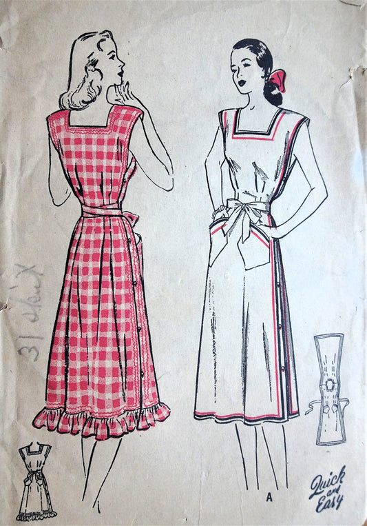 1940s FABULOUS Side Buttoned Apron Dress Pattern Quick and Easy BUTTERICK 4220 Easy To Make Bust 30 Vintage Sewing Pattern