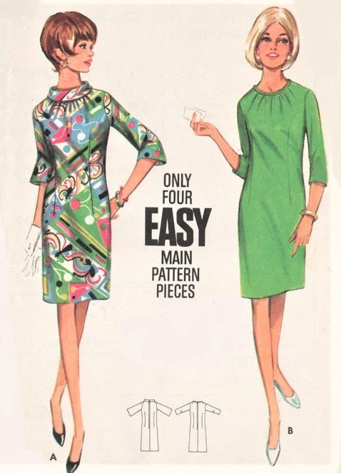 1960s MOD Sheath Dress  Pattern BUTTERICK 4312 Easy To Sew Shirred Neckline Slim or Bell Sleeves Bust 36 Vintage Sewing Pattern