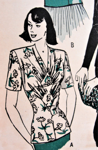 1940s FILM NOIR Over Blouse Pattern BUTTERICK 4324 Draped V Neckline With Seam Interest, Day or Evening Blouse Bust 30 Vintage Sewing Pattern