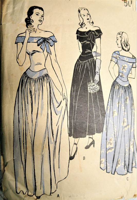 1940s GLAM Evening Gown Pattern BUTTERICK 4371Three Beautiful Off the Shoulders Gowns 2 Lengths Bust 30 Vintage Sewing Pattern