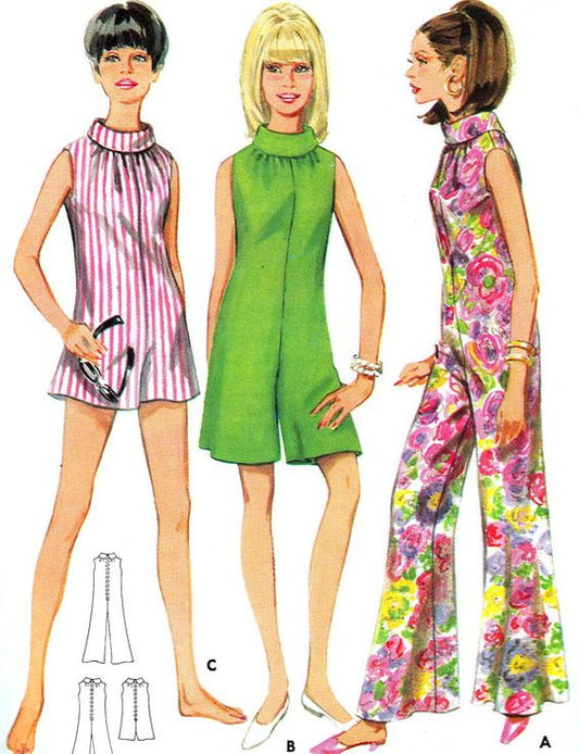 MOD 1960s Flared Jumpsuit Culotte Playsuit Pant Dress Pattern BUTTERICK 4474 Funnel Neck Romper or Patio Jumpsuit Bust 31 or 36 Vintage Sewing Pattern UNCUT