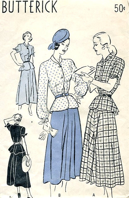 1940s LOVELY Two Pc Dress Pattern BUTTERICK 4539 Flared Skirt, Peplum Top Pretty Style Details Bust 32 Vintage Sewing Pattern