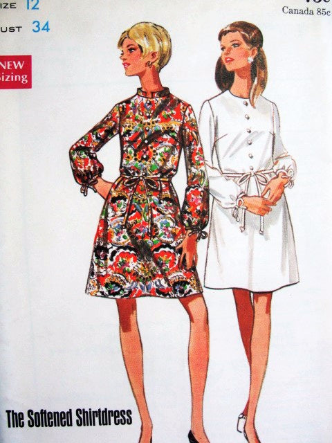Mod 60s A Line Dress Pattern BUTTERICK 5204 Soft Shirtdress Mandarin Collar or Jewel Neckline Bust 34 Vintage Sewing Pattern FF