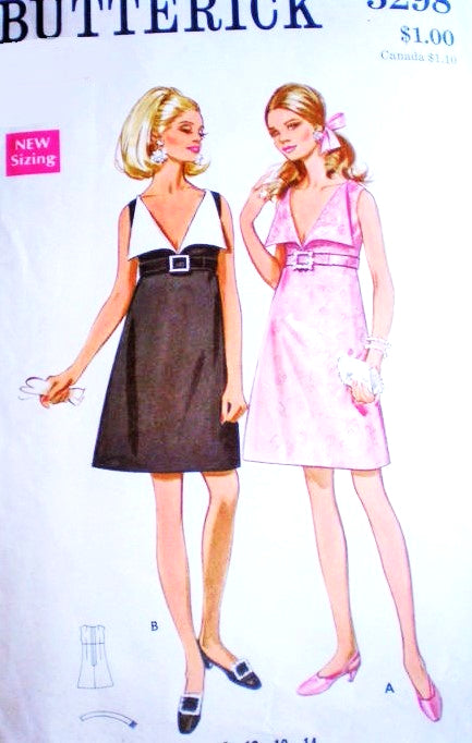 MOD 60s Fab Cocktail Party Dress Pattern BUTTERICK 5298 Low V Neckline Wide Collar Empire Evening Dress Bust 36 Vintage Sewing Pattern