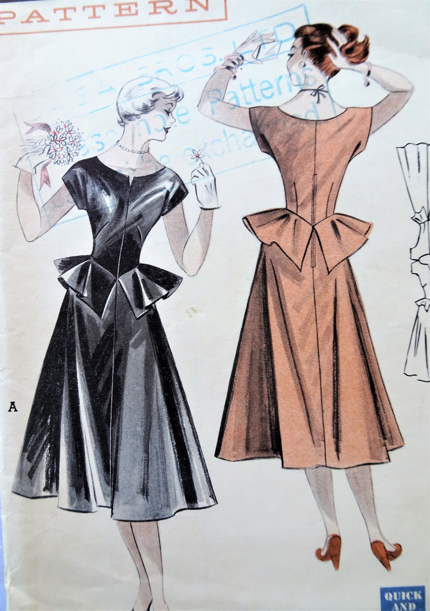 1950s UNIQUE Party Evening Dress Pattern BUTTERICK 5339 Eye Catching Butterfly Peplum Flared Dress Bust 30 Quick and Easy Vintage Sewing Pattern