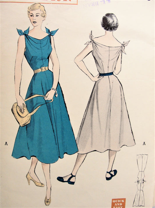 1950s FLIRTY Day or Party Dress Pattern BUTTERICK 5366 Quick and Easy Full Skirt Dress,  Shoulder Wing Tipped Bow Knots,Flattering Neckline Bust 30 Vintage Sewing Pattern