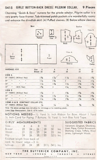 1950s PRETTY Girls Dress pattern BUTTERICK 5415 Puff Sleeves Full Skirt Dress Size 6 Childrens Quick n Easy Vintage Sewing Pattern