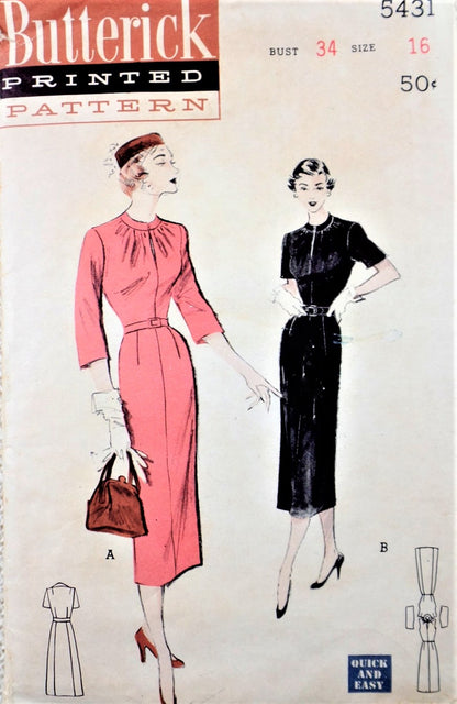 1950s STYLISH Slim Dress Pattern BUTTERICK 5431 Gathered Neckline, Day or After 5 Bust 34 Vintage Sewing Pattern FACTORY FOLDED
