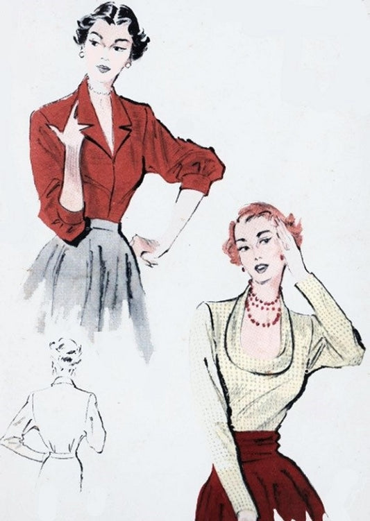 1950s LOVELY Blouse Pattern BUTTERICK 5461 Low Cuffed Horseshoe or Long Lapel Tuxedo Necklines Bust 34 Vintage Sewing Pattern FACTORY FOLDED