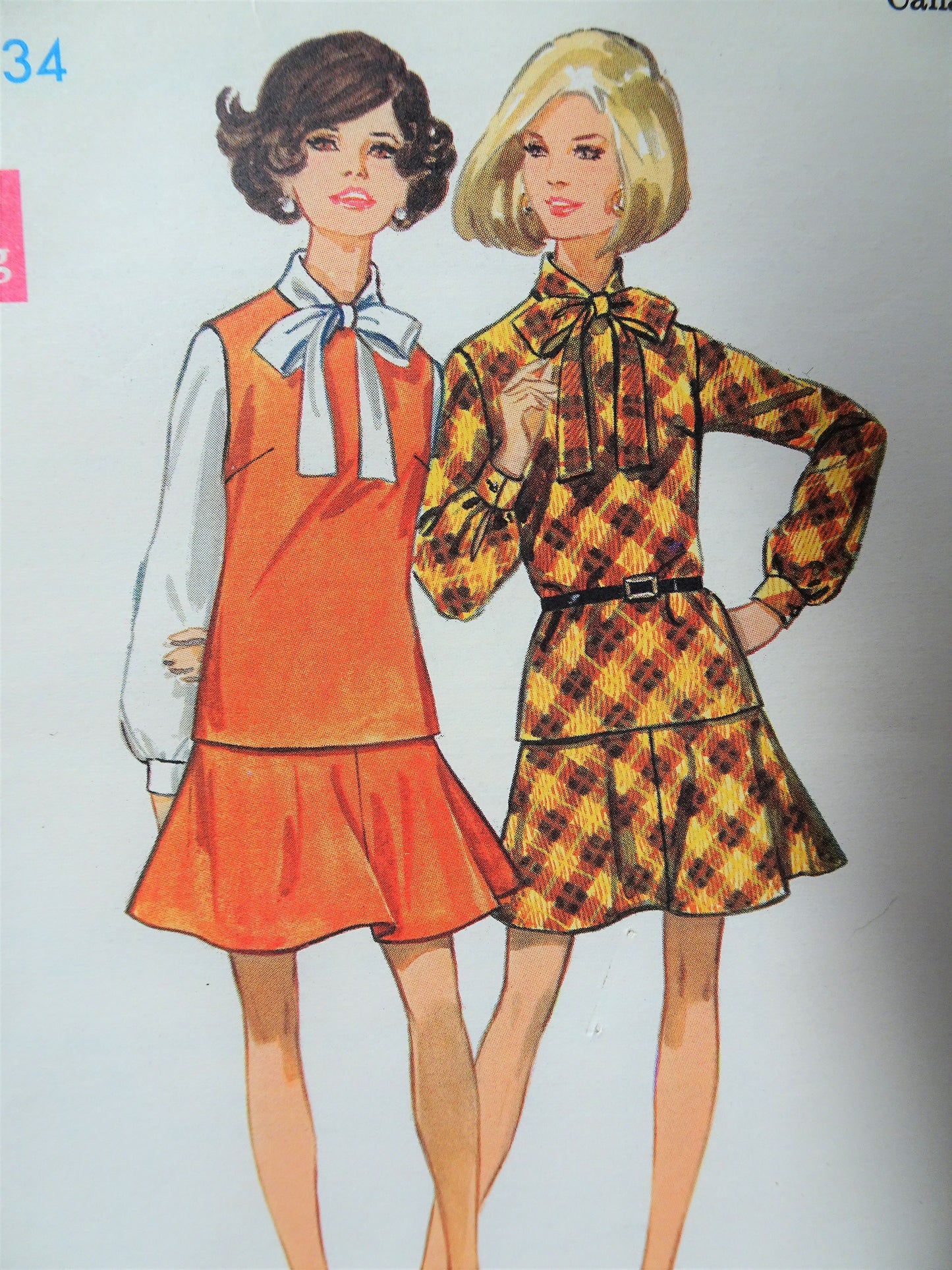 1960s MOD 2 Pc Dress Pattern BUTTERICK 5464 Cute Longer Overblouse with Bow Tie, Flirty Flared Skirt, Bust 34 Vintage Sewing Pattern FACTORY FOLDED