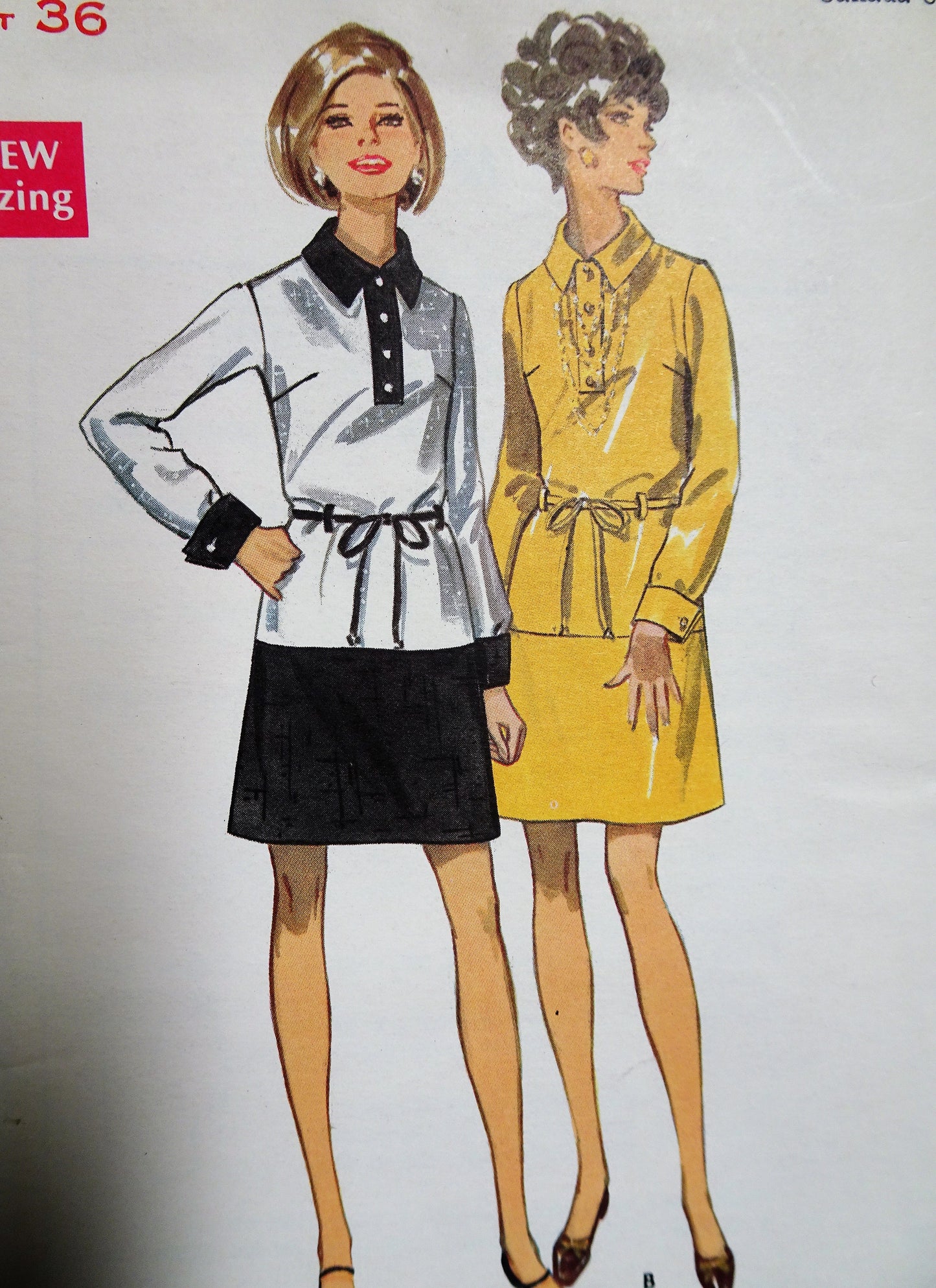 1960s MOD Classy Dress Pattern BUTTERICK 5469Slightly Low Waited Dress,Contrast Version, Belted Dress Bust 36 Vintage Sewing Pattern FACTORY FOLDED