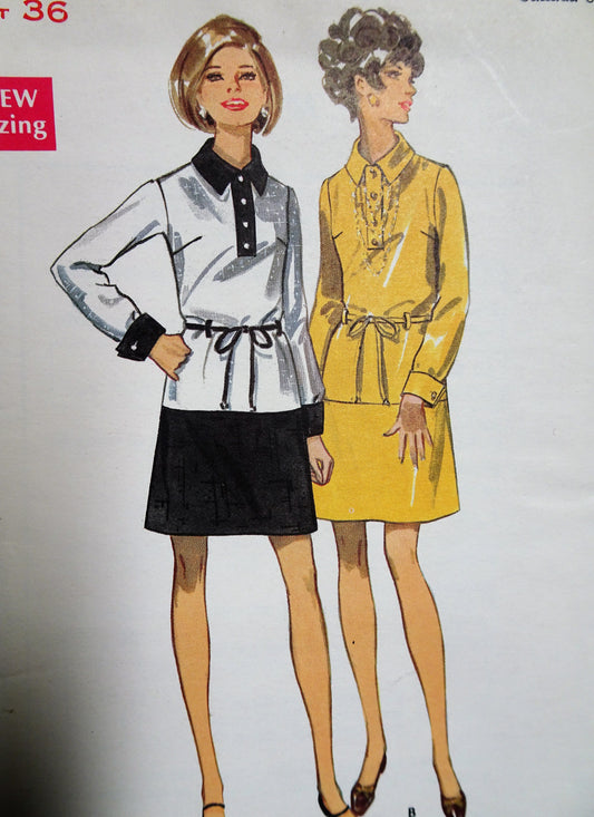 1960s MOD Classy Dress Pattern BUTTERICK 5469Slightly Low Waited Dress,Contrast Version, Belted Dress Bust 36 Vintage Sewing Pattern FACTORY FOLDED