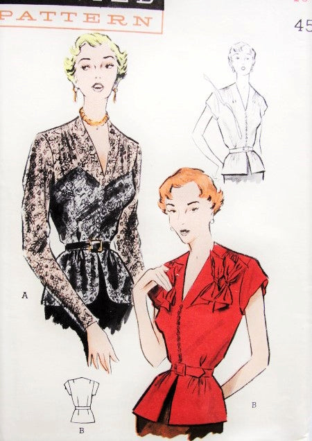 1950s Beautiful Peplum Blouse Pattern BUTTERICK 5498 V Neckline Overblouse Day or Evening Bust 32 Vintage Sewing Pattern FACTORY FOLDED