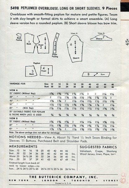 1950s Beautiful Peplum Blouse Pattern BUTTERICK 5498 V Neckline Overblouse Day or Evening Bust 32 Vintage Sewing Pattern FACTORY FOLDED