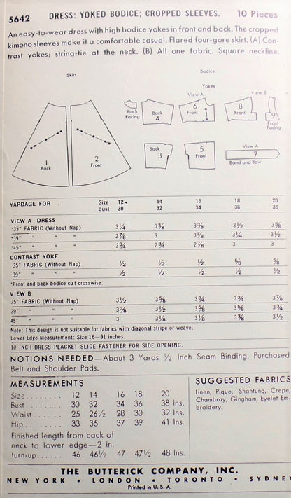 1950s ROCKABILLY Dress Pattern BUTTERICK 5642 Two Fab Styles Bust 34 Vintage Sewing Pattern FACTORY FOLDED