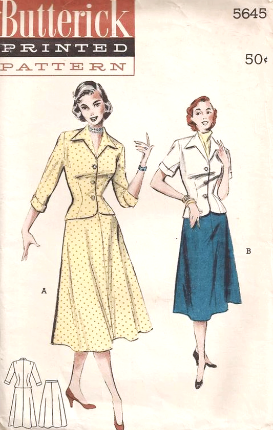 1950s STYLISH 2 Pc Suit Dress Pattern BUTTERICK 5645 Beautifully Fitted Jacket Wing Collar and Cuffs, Flared Skirt, Bust 32 Vintage Sewing Pattern