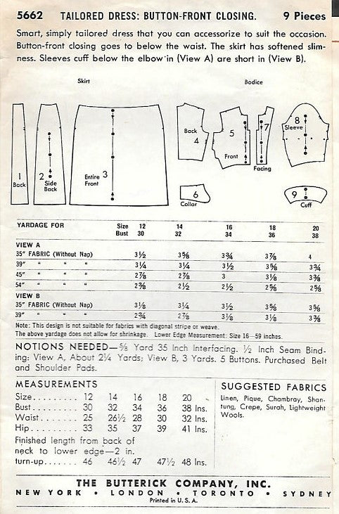 1950s Smart TAILORED Dress Pattern BUTTERICK 5662 Two Figure Flattering Versions Bust 34 Vintage Sewing Pattern FACTORY FOLDED