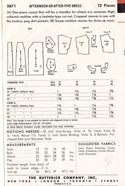 1950s KEYHOLE neckline Dress Pattern BUTTERICK 5671 Day or After 5 Party Dress Two Necklines Bust 34 Vintage Sewing Pattern FACTORY FOLDED