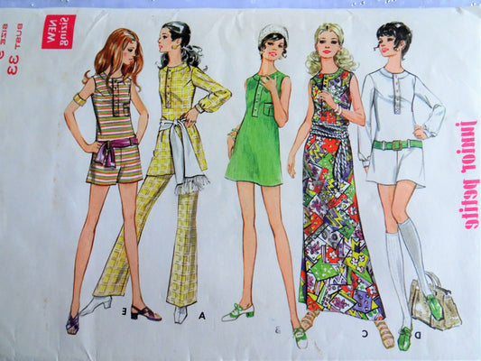 1970sCUTE Dress,Pantdress and Pants Pattern BUTTERICK 5707 Mini or Maxi Dress, Mini Pant Dress Bust 33 Vintage Sewing Pattern