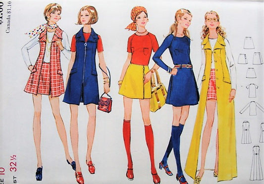 1970s RETRO  Uncut Coat, Mini-Skirt, and Blouse Set Butterick 5750 Bust 32 1/2