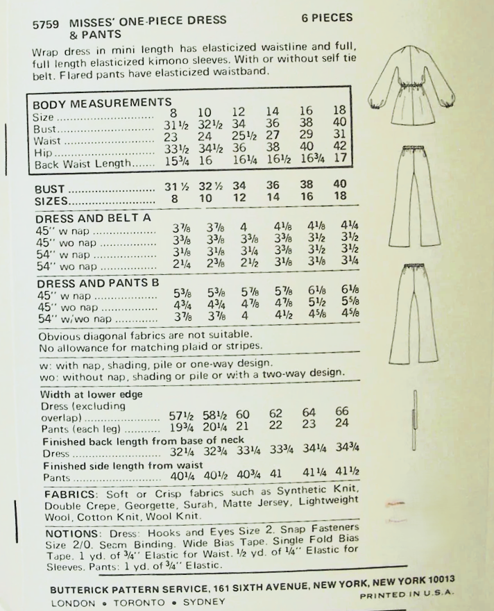 1970s FABULOUS Wrap Dress and Pants Pattern BUTTERICK 5759 Extra Easy To Sew, Day or Evening,Bust 38 Vintage Sewing Pattern FF