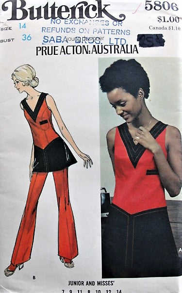 1960s MOD Mini Dress and Flared Pants BUTTERICK 5806 Australian Designer PRUE ACTON Design Bust 32 Vintage Sewing Pattern FACTORY FOLDED