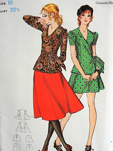 1960s RETRO Wrap Top with V Neck and Skirt Butterick 5870 Bust 32 1/2 Vintage Sewing Pattern