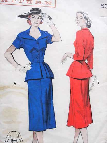 1950s Vintage ELEGANT Two-Piece Dress with Portrait-Neckline and Peplum with Slim Five-Gore Skirt Butterick 5976 Sewing Pattern Bust 38
