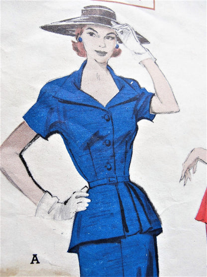 1950s Vintage ELEGANT Two-Piece Dress with Portrait-Neckline and Peplum with Slim Five-Gore Skirt Butterick 5976 Sewing Pattern Bust 38