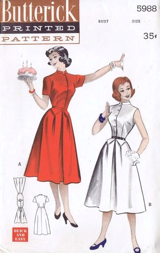 1950s FLIRTY Dress Pattern BUTTERICK 5988 Two Perky Style Versions Weskit Effect Bust 34 Vintage Sewing Pattern FACTORY FOLDED