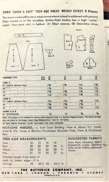 1950s FLIRTY Dress Pattern BUTTERICK 5988 Two Perky Style Versions Weskit Effect Bust 34 Vintage Sewing Pattern FACTORY FOLDED