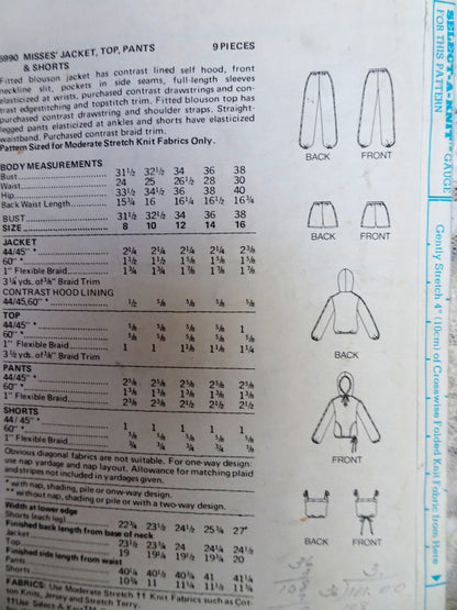 1970s CUTE Designer Jane Tise  Jacket,Top,Pants and Shorts Pattern BUTTERICK 5990 Jogging, Lounging Wear or Beachwear,Bust 32 Vintage Sewing Pattern