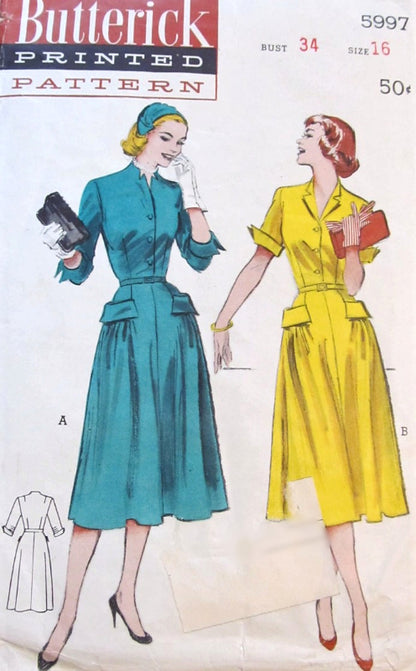 1950s WING Tip Cuffed Dress Pattern BUTTERICK 5997 Two Fab Style Versi ...