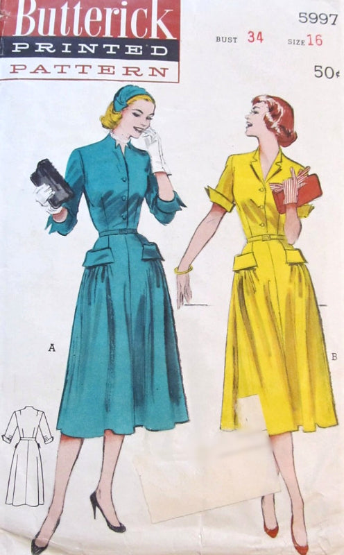 1950s WING Tip Cuffed Dress Pattern BUTTERICK 5997 Two Fab Style Versions Day or After Five Dress Bust 34 Vintage Sewing Pattern FACTORY FOLDED