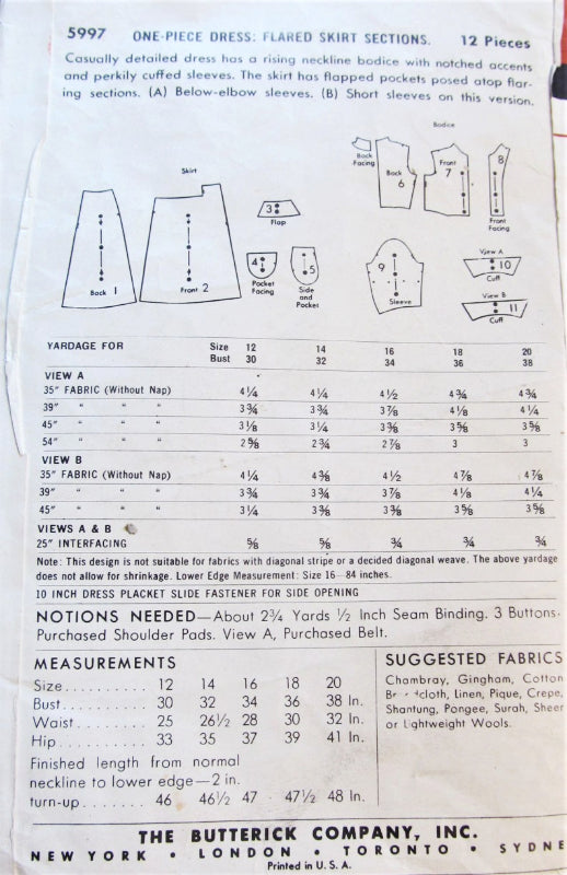 1950s WING Tip Cuffed Dress Pattern BUTTERICK 5997 Two Fab Style Versi ...