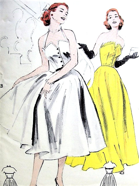 1950s GLAMOROUS Evening Gown or Short Formal Dress Pattern BUTTERICK 6001 Halter Neck or Strapless Cocktail Party or Sundress Bust 34 Vintage Sewing Pattern