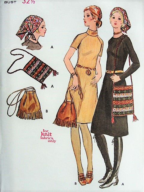 1960s RETRO Knit Dress, Scarf, Purse Butterick 6018 Bust 32 1/2 Vintage Sewing Pattern