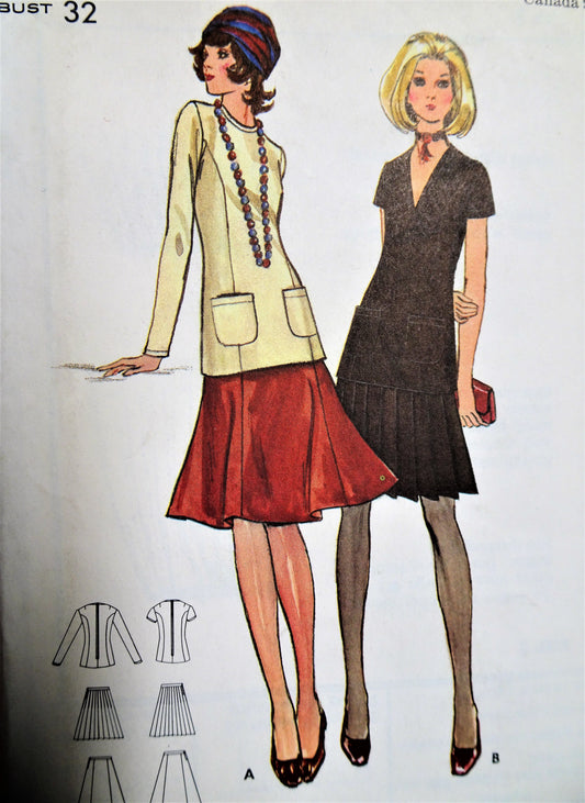 1970s LOVELY 2 Pc Dress Pattern BUTTERICK 6025 Flapper Style Overblouse and Flirty Gored Skirt or Knife Pleated Skirt, Day or Party Bust 32 Vintage Sewing Pattern FACTORY FOLDED