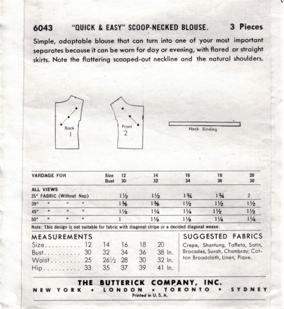 1950s CUTE Scoop Neck Blouse Pattern BUTTERICK 6043 Two Flattering Styles Bust 30 Quick n Easy Vintage Sewing Pattern FACTORY FOLDED