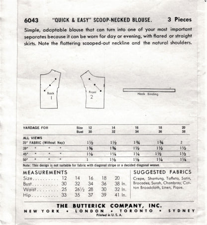1950s CUTE Scoop Neck Blouse Pattern BUTTERICK 6043 Two Flattering Styles Bust 30 Quick n Easy Vintage Sewing Pattern FACTORY FOLDED