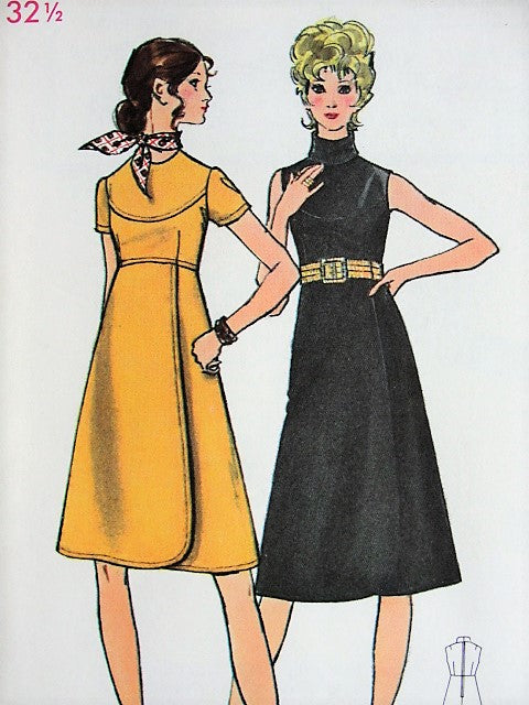 1970s MOD High Waisted Dress with Wrap Skirt Butterick 6050 Bust 36, Vintage Sewing Pattern FACTORY FOLDED