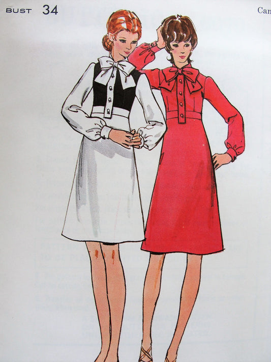 1960s High Waisted A Line Dress Pattern BUTTERICK 6070 Cute Bow Tied Neckline, Two Lengths Mini or Knee Length Bust 36 Vintage Sewing Pattern FACTORY FOLDED