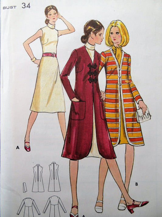 1970s CLASSY Dress and Coat Pattern BUTTERICK 6073 Below Knee Dress and Coat Bust 34 Vintage sewing Pattern FF