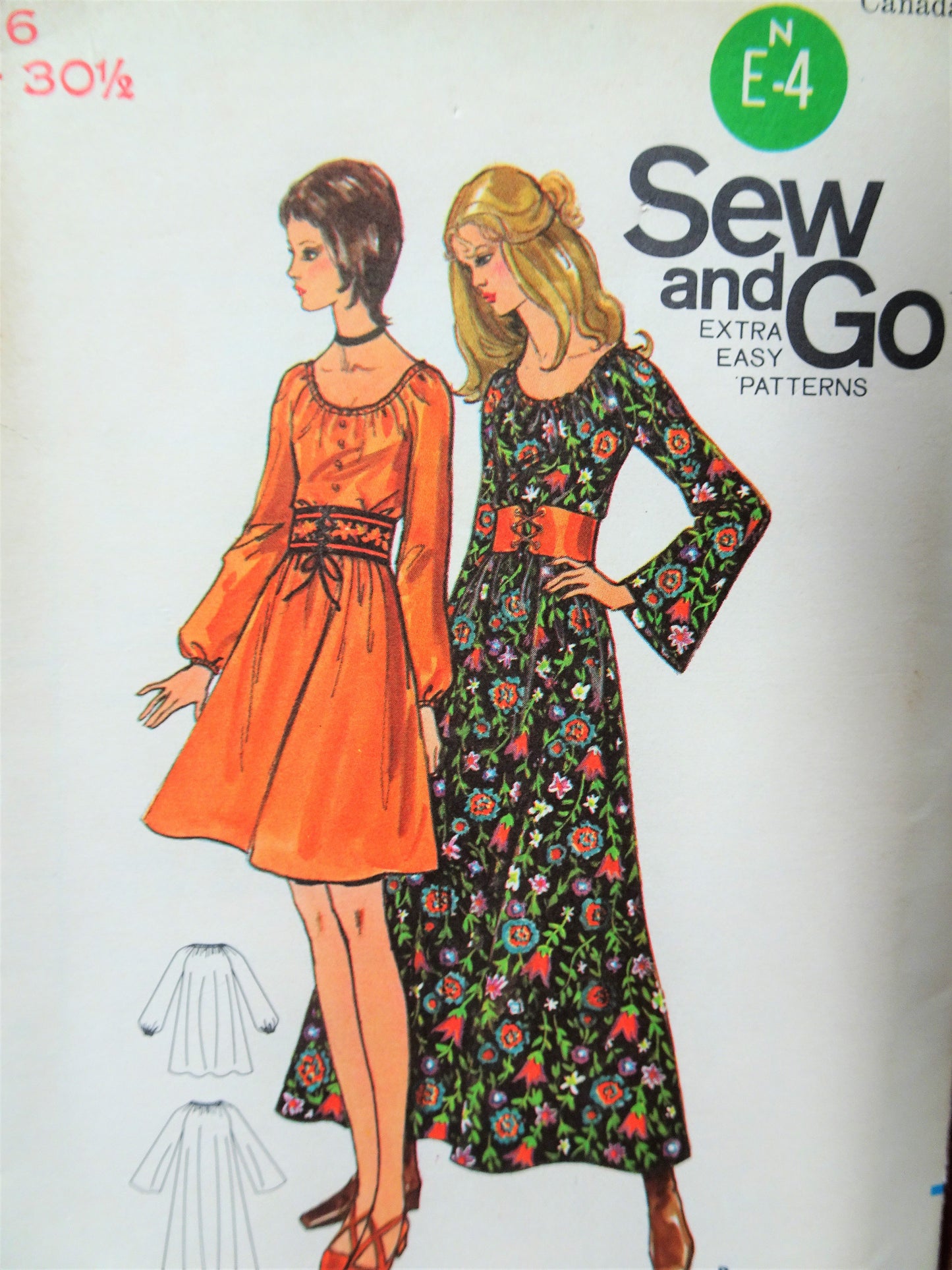 1970s MOD Peasant Dress Pattern BUTTERICK 6080 Loose Fitting Mini or Maxi Dress Bust 30 Extra Easy Vintage Sewing Pattern FACTORY FOLDED