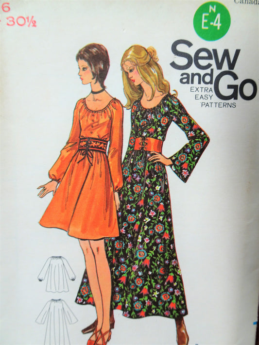 1970s MOD Peasant Dress Pattern BUTTERICK 6080 Loose Fitting Mini or Maxi Dress Bust 30 Extra Easy Vintage Sewing Pattern FACTORY FOLDED